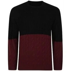 Bigdude Cable Knit Colour Block Jumper Burgundy/Black