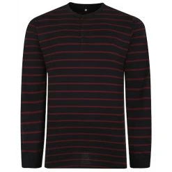 Bigdude Striped Long Sleeve Grandad T-Shirt Black/Burgundy