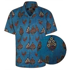 Bigdude Relaxed Collar Peacock Print Short Sleeve Shirt Denim