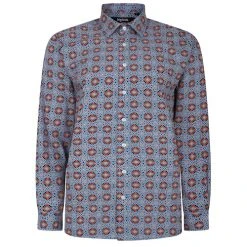 Bigdude Retro Flower Print Long Sleeve Poplin Shirt Blue/Red