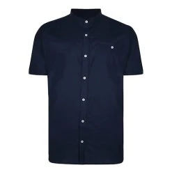 Bigdude Woven Linen Grandad Collar Short Sleeve Shirt Navy