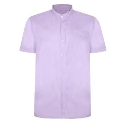 Bigdude Woven Linen Grandad Collar Short Sleeve Shirt Purple